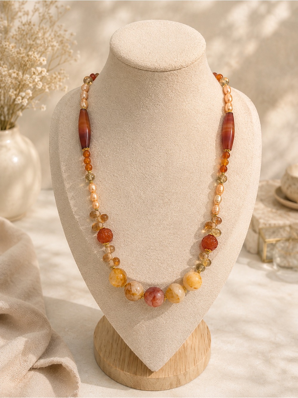 Carnelian, Citrine & Freshwater Pearl Necklace